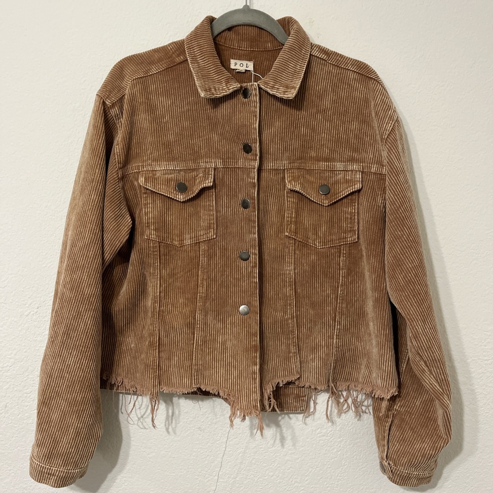 POL Corduroy Cropped Jacket Brown Frayed Hem Button Front Boho Shacket Size M
